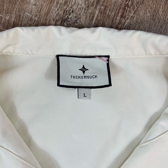 Tuckernuck beige Poplin Thick Blouse Faux Pearl Bar Sleeves and Collar - Picture 6 of 7
